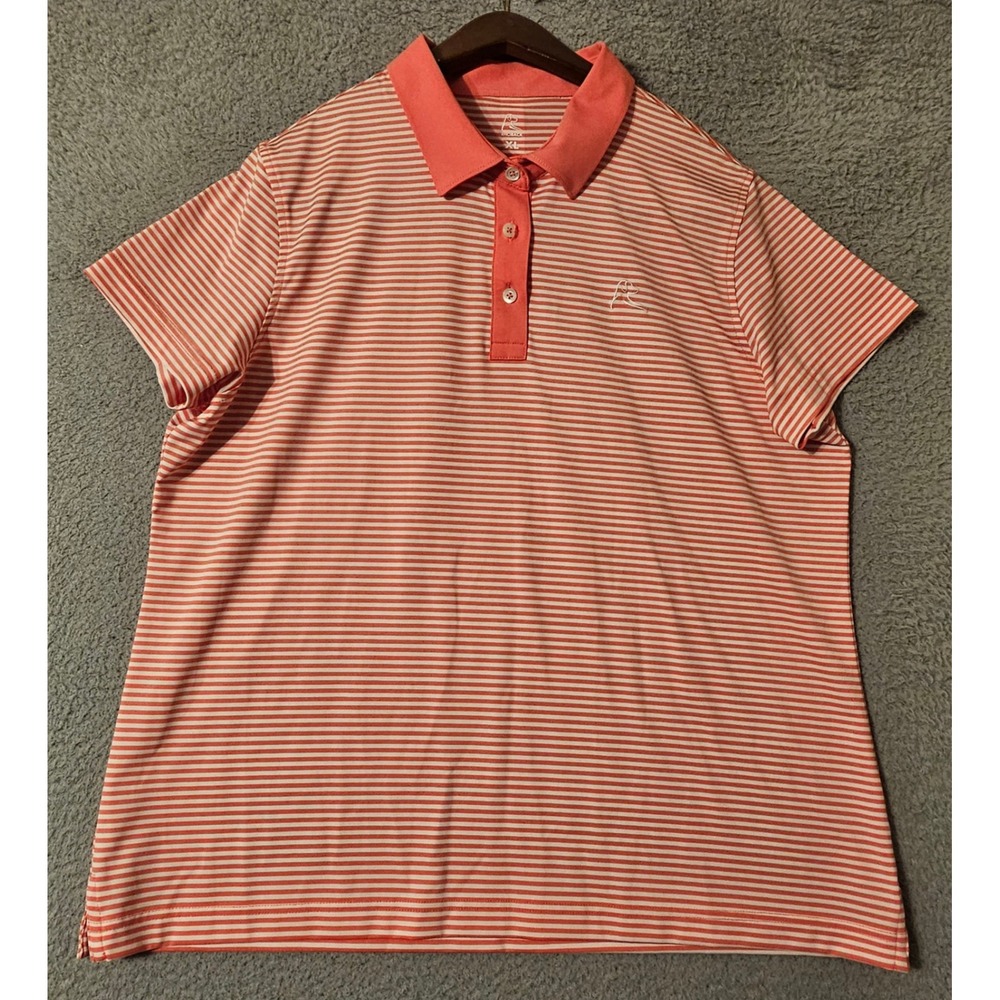Rhoback Womens XL Performance Polo Shirt Coral White Striped Golf Short Sleeve